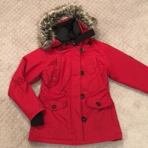 Eckored red puffer winter jacket with hoodie.  Down / feather filled.